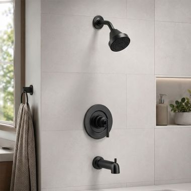 Click here to see  T2903EPBL Moen Gibson Posi-Temp Single-Handle Tub/Shower Trim Kit, 1-Function, Lever Handle, 1.75 GPM, Matte Black - T2903EPBL