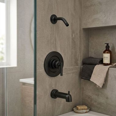Click here to see  T2903NHBL Moen Gibson Posi-Temp Single-Handle Tub/Shower Trim Kit, Less Showerhead, Lever Handle, Matte Black - T2903NHBL