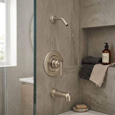 Click here to see  T2903NHBN Moen Gibson Posi-Temp Single-Handle Tub/Shower Trim Kit, Less Showerhead, Lever Handle, Brushed Nickel - T2903NHBN
