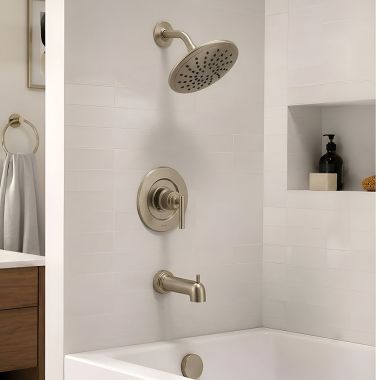 Click here to see  T3003EPBN Moen Gibson Posi-Temp Tub/Shower Faucet with 1.75 GPM Rainshower, 1-Function, Single Lever Handle, M-PACT, Eco-Performance, Brushed Nickel - T3003EPBN