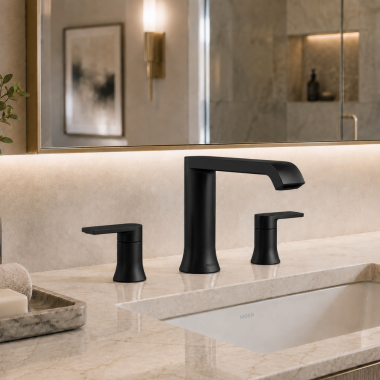 Click here to see  T908BL Moen Genta LX Two-Handle Roman Tub Faucet Trim, Low Arc Spout, Lever Handles, Metal, Matte Black - T908BL