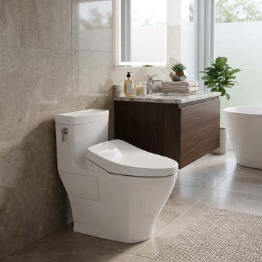 Click here to see TOTO USA INC CST626CEFGAT40#01 TOTO Aimes One-Piece Elongated Toilet, Single Flush, Universal Height, 1.28 GPF, WASHLET+ and Auto Flush Ready, Vitreous China, Cotton White - CST626CEFGAT40#01
