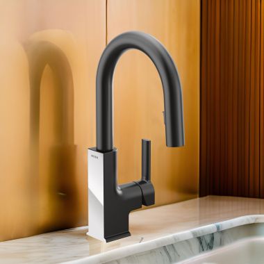 Click here to see Moen S62308BLC Moen STo Single Handle High Arc Pull-Down Bar/Prep Faucet, Chrome/Matte BLack - S62308BLC