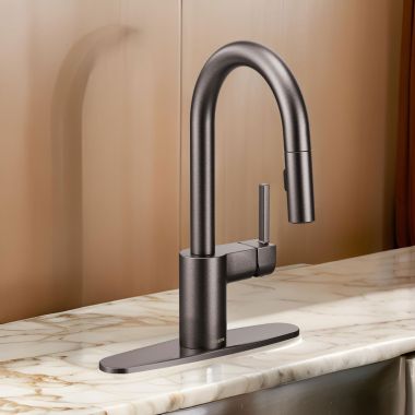 Click here to see Moen 5965BLS Moen Align Single-Handle High Arc Pull-Down Bar/Prep Faucet, 1.5 GPM, Reflex, Power Clean, Duralock, Black Stainless - 5965BLS