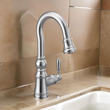Click here to see Moen S53004 Moen Weymouth Single Handle High Arc Pull-Down Bar/Prep Faucet, Chrome - S53004
