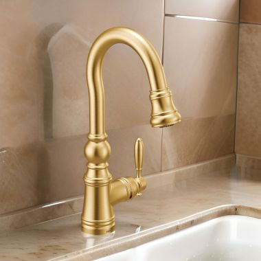Click here to see Moen S53004BG Moen Weymouth Single Handle High Arc Pull-Down Bar/Prep Faucet, Brushed Gold - S53004BG