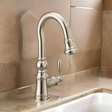 Click here to see Moen S53004NL Moen Weymouth Single Handle High Arc Pull-Down Bar/Prep Faucet, Polished Nickel - S53004NL