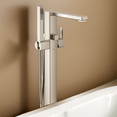 Click here to see Moen S905BN Moen 90 Degree Single-Handle Freestanding Tub Filler with 1.75 GPM Single-Function Hand Shower, 59in Metal Hose, Dual Check Valves, Brushed Nickel - S905BN