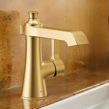 Click here to see Moen S6981BG Moen Flara Single-Handle Brushed Gold Bathroom Faucet with Metal Pop-Up, 1.2 GPM, Single-Hole, Lever Handle, ADA-Compliant, WaterSense - S6981BG