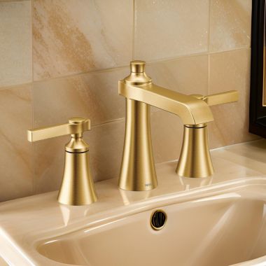 Click here to see Moen TS6984BG Moen Flara Two-Handle Widespread Brushed Gold Bathroom Faucet with Lever Handles, 1.2 GPM, 60 PSI, WaterSense, Three-Holes - TS6984BG