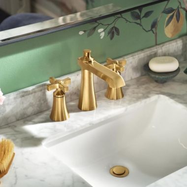 Click here to see Moen TS6985BG Moen Flara Two-Handle Widespread Brushed Gold Bathroom Faucet with Cross Handles, 1.2 GPM, 60 PSI, WaterSense, Three-Holes - TS6985BG