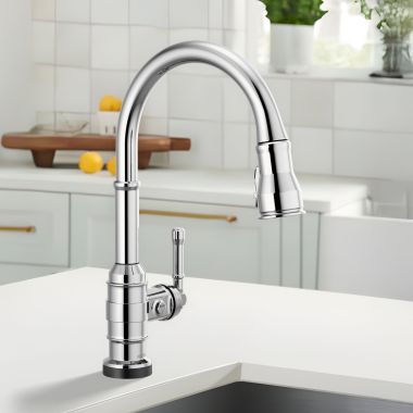 Click here to see Delta 9190T-DST Delta Broderick Single Handle Pull-Down Kitchen Faucet, Touch2O, DIAMOND Seal, MagnaTite, ShieldSpray, ADA, 1.8 GPM, Chrome - 9190T-DST