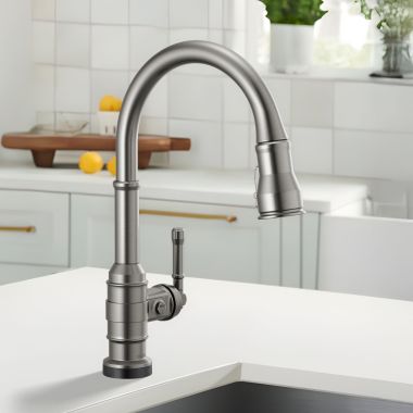 Click here to see Delta 9190T-KS-DST Delta Broderick Single Handle Pull-Down Kitchen Faucet, Touch2O, DIAMOND Seal, MagnaTite, ShieldSpray, ADA, 1.8 GPM, Black Stainless - 9190T-KS-DST
