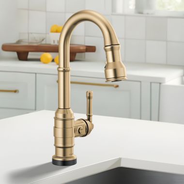 Click here to see Delta 9990T-CZ-DST Delta Broderick Single Handle Pull-Down Bar/Prep Faucet, Touch2O, Diamond Seal, MagnaTite, ADA, 1.8 GPM, Champagne Bronze - 9990T-CZ-DST