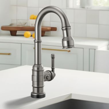 Click here to see Delta 9990T-KS-DST Delta Broderick Single Handle Pull-Down Bar/Prep Faucet, Touch2O, Diamond Seal, MagnaTite, ADA, 1.8 GPM, Black Stainless - 9990T-KS-DST