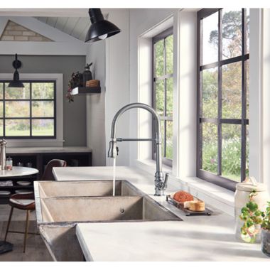 Click here to see Delta 9690-AR-DST Delta Broderick Pro Single Handle Pull-Down Kitchen Faucet w/ Spring Spout, Arctic Stainless - 9690-AR-DST