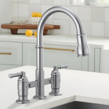 Click here to see Delta 2390L-AR-DST Delta Broderick Two Handle Pull Down Bridge Kitchen Faucet, DIAMOND Seal, ShieldSpray, MagnaTite, ADA, 1.8 GPM, Arctic Stainless - 2390L-AR-DST