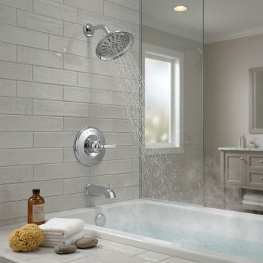 Click here to see  T14456-LHP Delta Dorval Monitor 14 Series H2Okinetic Tub/Shower Faucet with 5-Setting Showerhead, 1.75 GPM, Less Handle, Chrome - T14456-LHP