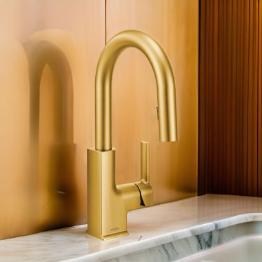 Click here to see Moen S62308BG Moen STo Single Handle High Arc Pull-Down Bar/Prep Faucet, Brushed Gold - S62308BG