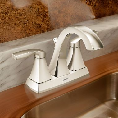 Click here to see Moen 6901NL Moen Voss Two-Handle High Arc Centerset Polished Nickel Bathroom Sink Faucet with Metal Pop-Up Drain and Lift Rod Assembly, 1.2 GPM, Lever Handles - 6901NL