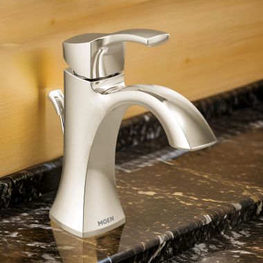 Click here to see Moen 6903NL Moen Voss Single-Handle High Arc Polished Nickel Bathroom Faucet with Escutcheon and Metal Pop-Up Drain, 1.2 GPM, Single-Hole - 6903NL