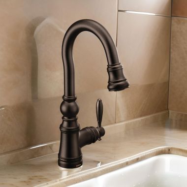 Click here to see Moen S53004ORB Moen Weymouth Single Handle High Arc Pull-Down Bar/Prep Faucet, Oil Rubbed Bronze - S53004ORB