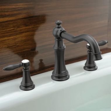 Click here to see Moen TS22103BL Moen Weymouth Two-Handle Roman Tub Faucet Trim, Lever Handles, ADA, M-PACT, Matte Black - TS22103BL