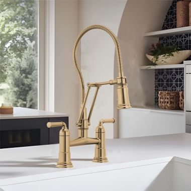 Click here to see  62174LF-GL Brizo Rook Two-Handle Articulating Bridge Kitchen Faucet with Finished Hose, MagneDock, 1.8 GPM, Brilliance Luxe Gold - 62174LF-GL