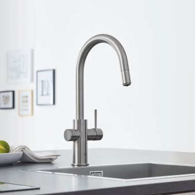 Click here to see  31251DC2 GROHE BLUE Single-Handle Pull Down Kitchen Faucet, Single Spray With Chilled & Sparkling Water, 1.75 GPM, SuperSteel InfinityFinish - 31251DC2 