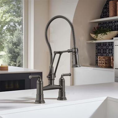 Click here to see Brizo 62174LF-SL Brizo Rook Two-Function Articulating Bridge Kitchen Faucet with Finished Hose, MagneDock, ADA, 1.8 GPM, Brilliance Luxe Steel - 62174LF-SL