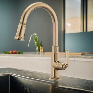 Click here to see Brizo 63074LF-GL Brizo Rook Pulldown Kitchen Faucet with Dual-Function Wand and MagneDock, Brilliance Luxe Gold - 63074LF-GL