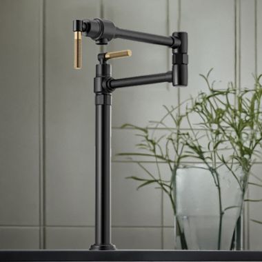 Click here to see Brizo 62743LF-BLGL Brizo Litze Deck Mount Pot Filler with Knurled Handles, Dual-Jointed, Swivel Spout, 4.0 GPM, Matte Black/Brilliance Luxe Gold- 62743LF-BLGL