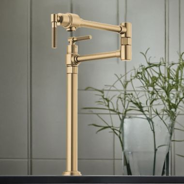 Click here to see Brizo 62743LF-GL Brizo Litze Deck Mount Pot Filler with Knurled Handles, Dual-Jointed, Swivel Spout, 4.0 GPM, Brilliance Luxe Gold - 62743LF-GL