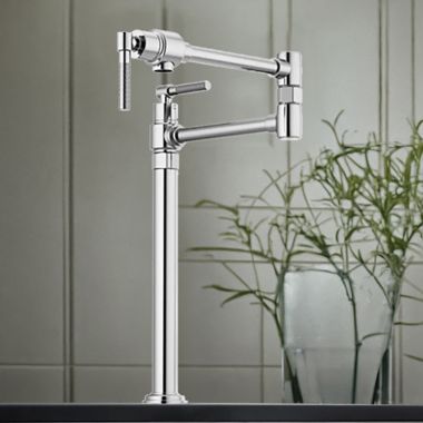 Click here to see Brizo 62743LF-PC Brizo Litze Deck Mount Pot Filler with Knurled Handles, Dual-Jointed, Swivel Spout, 4.0 GPM, Polished Chrome - 62743LF-PC