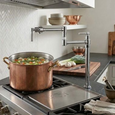 Click here to see Brizo 62743LF-PC Brizo Litze Deck Mount Pot Filler with Knurled Handles, Swivel Spout, 4.0 GPM, Polished Chrome - 62743LF-PC