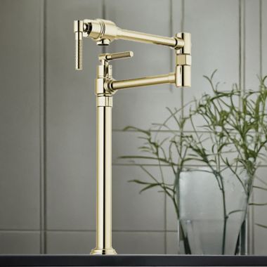 Click here to see Brizo 62743LF-PN Brizo Litze Deck Mount Pot Filler with Knurled Handles, Dual-Jointed, Swivel Spout, 4.0 GPM, Brilliance Polished Nickel- 62743LF-PN