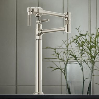 Click here to see Brizo 62743LF-SS Brizo Litze Deck Mount Pot Filler with Knurled Handles, Dual-Jointed, Swivel Spout, 4.0 GPM, Brilliance Stainless- 62743LF-SS