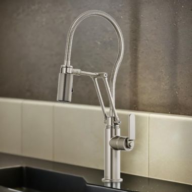 Click here to see Brizo 63144LF-SS Brizo Litze Single-Handle Articulating Faucet with Finished Hose, Two-Function, Industrial Handle, ADA, 1.8 GPM, Brilliance Stainless - 63144LF-SS