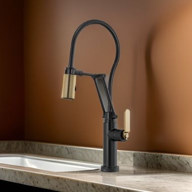 Click here to see Brizo 64144LF-BLGL Brizo Litze One-Handle Articulating Kitchen Faucet with Finished Hose, SmartTouch, 1.8 GPM, Matte Black/Brilliance Luxe Gold - 64144LF-BLGL