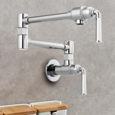 Click here to see Brizo 62874LF-PC Brizo Rook Two-Handle Wall-Mount Pot Filler with Dual-Jointed Swing Spout, 4 GPM, Polished Chrome - 62874LF-PC