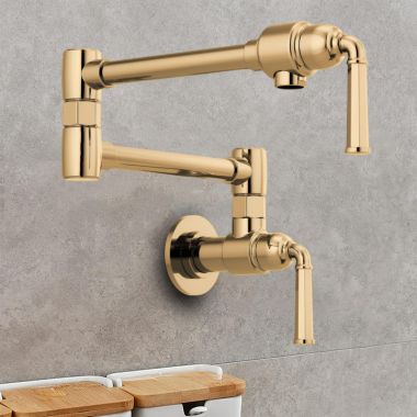 Click here to see Brizo 62874LF-PG Brizo Rook Two-Handle Wall-Mount Pot Filler with Dual-Jointed Swing Spout, 4 GPM, Brilliance Polished Gold - 62874LF-PG