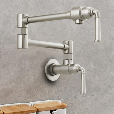 Click here to see Brizo 62874LF-SS Brizo Rook Two-Handle Wall-Mount Pot Filler with Dual-Jointed Swing Spout, 4 GPM, Brilliance Stainless - 62874LF-SS