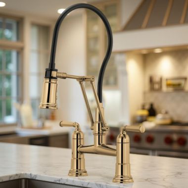 Click here to see Brizo 62274LF-PG Brizo Rook Two-Handle Widespread Articulating Bridge Kitchen Sink Faucet, 1.8 GPM, Brilliance Polished Gold - 62274LF-PG