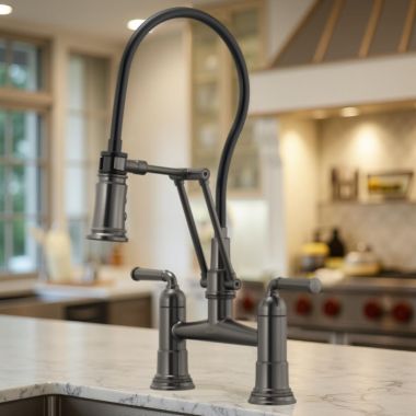 Click here to see Brizo 62274LF-SL Brizo Rook Two-Handle Widespread Articulating Bridge Kitchen Sink Faucet, 1.8 GPM, Brilliance Luxe Steel - 62274LF-SL