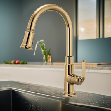 Click here to see Brizo 63074LF-PG Brizo Rook Pulldown Kitchen Faucet with Dual-Function Wand and MagneDock, Brilliance Polished Gold - 63074LF-PG