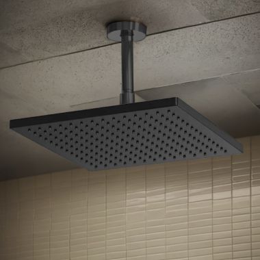 Click here to see Brizo 81399-BL-2.5 Brizo Essential Matte Black 12in Single-Function Raincan Shower Head, Square, 2.5 GPM, Touch-Clean Nozzles, WaterSense - 81399-BL-2.5