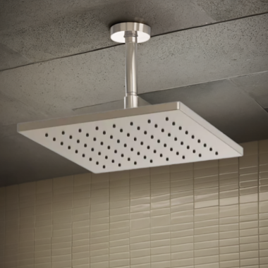 Click here to see Brizo 81399-BN Brizo Essential Brilliance Brushed Nickel 12in Single-Function Raincan Shower Head, Square, 1.75 GPM, Touch-Clean Nozzles, WaterSense - 81399-BN