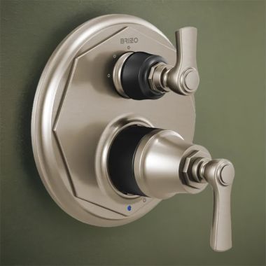 Click here to see Brizo T75P560-NKBL Brizo Rook Pressure Balance Valve Trim w/ 3-Function Diverter Trim, Lever Handles, Matte Black/ Luxe Nickel - T75P560-NKBL