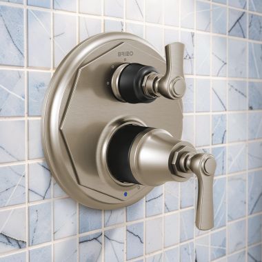 Click here to see  T75P560-NKBL Brizo Rook Pressure Balance Valve Trim with 3-Function Diverter Trim, Lever Handles, ADA, Matte Black/ Luxe Nickel - T75P560-NKBL
