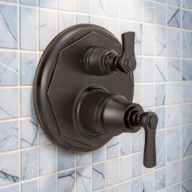 Click here to see DELTA FAUCETS COMPANY T75P660-RB Brizo Rook Pressure Balance Valve Trim w/ 6-Function Diverter Trim, Lever Handles, Venetian Bronze - T75P660-RB